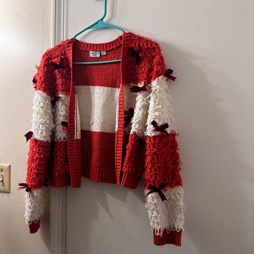 Mighty Fine Open
Front Coral and White
Striped Cardigan with Scarlet Bows, L